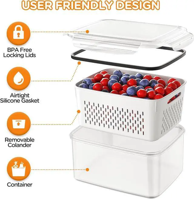 Alt view image 4 of 7 - 5-Pack Fruit Storage Containers for Fridge with Removable Colanders, 4 in 1 Produce Storage Containers with Lids, Leakproof Fridge Organizer Bins for Salad Berry Lettuce Vegetables Meat Keeper Fresh