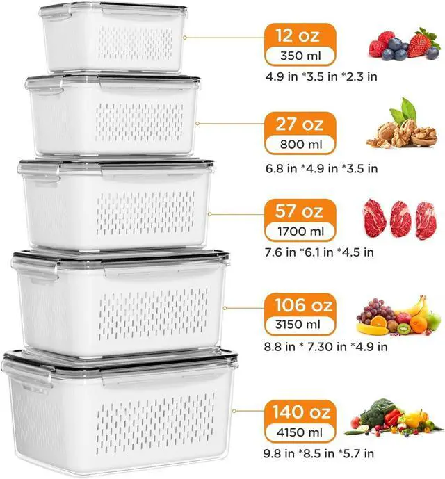 Alt view image 5 of 7 - 5-Pack Fruit Storage Containers for Fridge with Removable Colanders, 4 in 1 Produce Storage Containers with Lids, Leakproof Fridge Organizer Bins for Salad Berry Lettuce Vegetables Meat Keeper Fresh