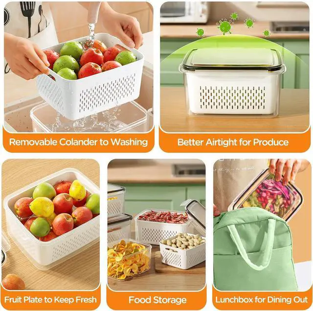 Alt view image 6 of 7 - 5-Pack Fruit Storage Containers for Fridge with Removable Colanders, 4 in 1 Produce Storage Containers with Lids, Leakproof Fridge Organizer Bins for Salad Berry Lettuce Vegetables Meat Keeper Fresh