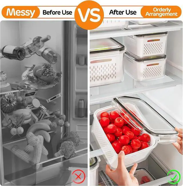 Alt view image 7 of 7 - 5-Pack Fruit Storage Containers for Fridge with Removable Colanders, 4 in 1 Produce Storage Containers with Lids, Leakproof Fridge Organizer Bins for Salad Berry Lettuce Vegetables Meat Keeper Fresh