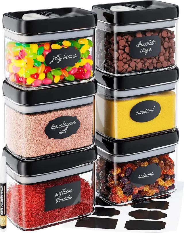 Main image of Chef's Path Airtight Food Storage Containers with Improved Lids, Set of 6, 1L Kitchen and Pantry Canisters for Coffee, Spices, and Dry Food, Includes Labels and Marker - Transparent, All Same Size