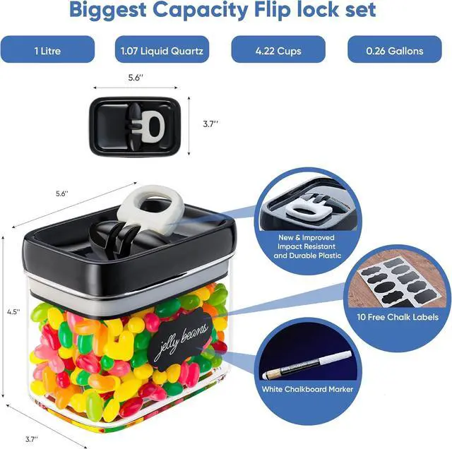 Alt view image 3 of 6 - Chef's Path Airtight Food Storage Containers with Improved Lids, Set of 6, 1L Kitchen and Pantry Canisters for Coffee, Spices, and Dry Food, Includes Labels and Marker - Transparent, All Same Size