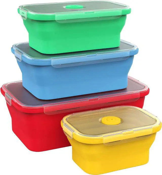 Main image of Vremi Silicone Food Storage Containers with BPA Free Airtight Plastic Lids - Set of 4 Small and Large Collapsible Meal Prep Container for Kitchen Lunch Boxes - Microwave and Freezer Safe