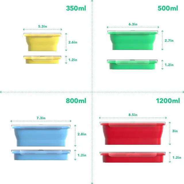 Alt view image 2 of 7 - Vremi Silicone Food Storage Containers with BPA Free Airtight Plastic Lids - Set of 4 Small and Large Collapsible Meal Prep Container for Kitchen Lunch Boxes - Microwave and Freezer Safe