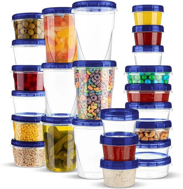 Main image of PLASTICPRO 24 Pack Twist Top Containers Assorted Sizes Plastic Food Storage Containers with Blue Twist on Lids Stackable Reusable