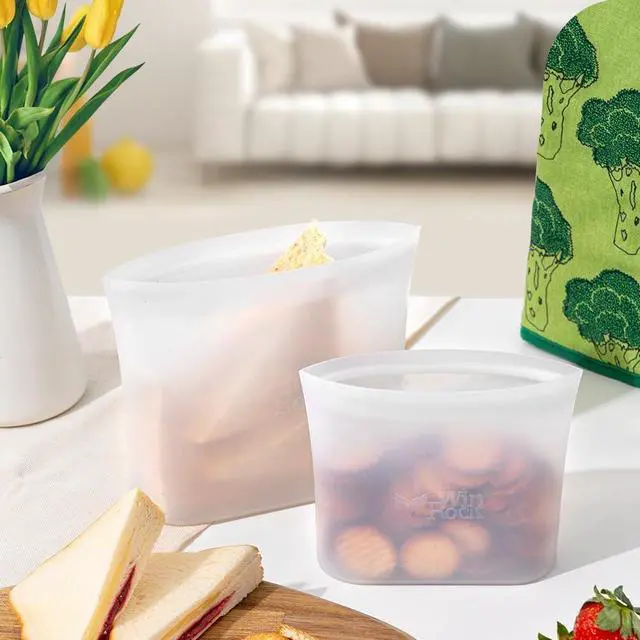 Alt view image 5 of 7 - Reusable 100% Silicone Food Storage Bags, Sandwich Snack Bags New Generation Stand Up Zip Container for Soup and Leftovers, Plastice & BPA Free, Microwave Oven Safe 3 Pack (51oz, 34oz, 17oz)