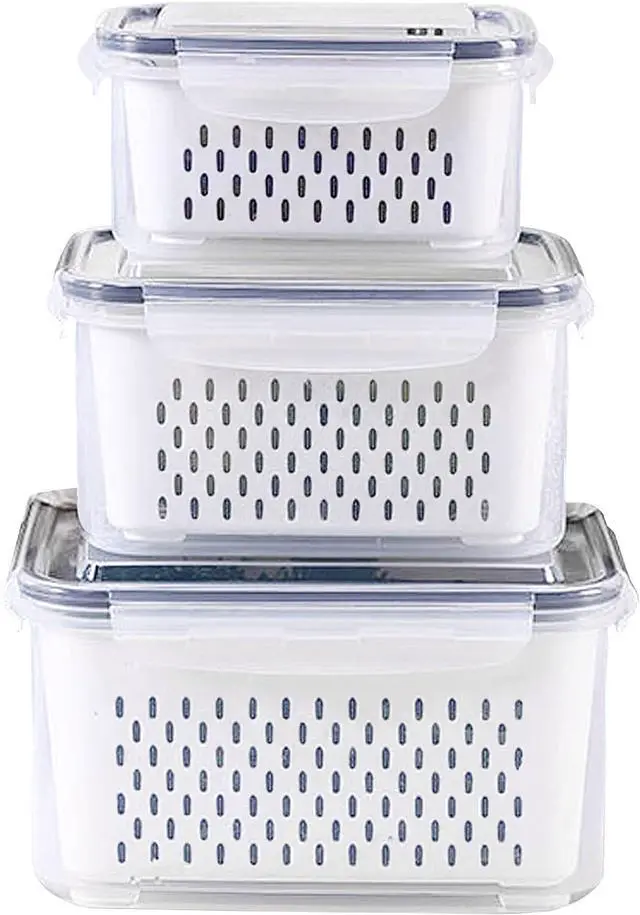 Main image of 3Pack Fridge Food Storage Container Set with Lids with Strainer,Plastic Fresh Produce Saver Vegetable Fruit Meat Storage Organization, BPA-Free Plastic Produce Keepers(3.15L+1.7L+0.8L)