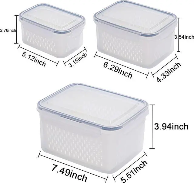 Alt view image 4 of 6 - 3Pack Fridge Food Storage Container Set with Lids with Strainer,Plastic Fresh Produce Saver Vegetable Fruit Meat Storage Organization, BPA-Free Plastic Produce Keepers(3.15L+1.7L+0.8L)