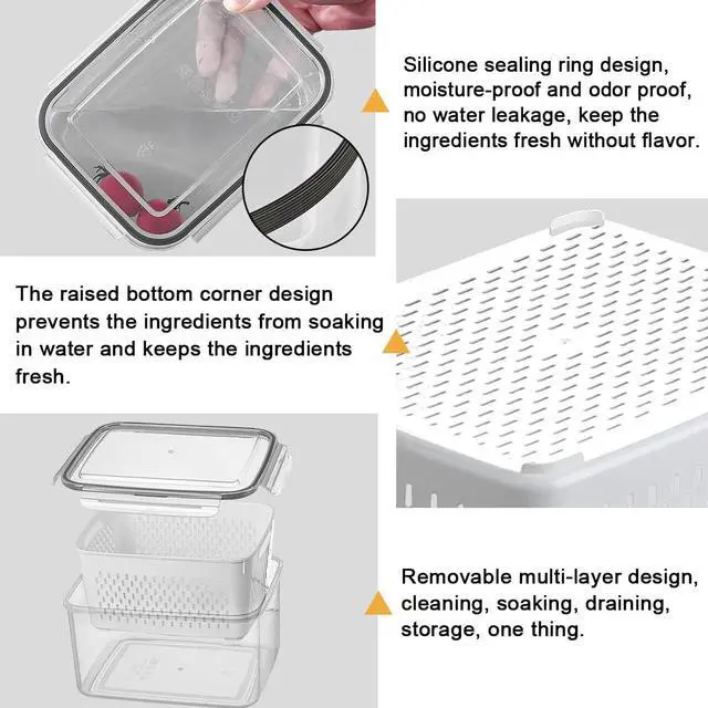 Alt view image 5 of 6 - 3Pack Fridge Food Storage Container Set with Lids with Strainer,Plastic Fresh Produce Saver Vegetable Fruit Meat Storage Organization, BPA-Free Plastic Produce Keepers(3.15L+1.7L+0.8L)