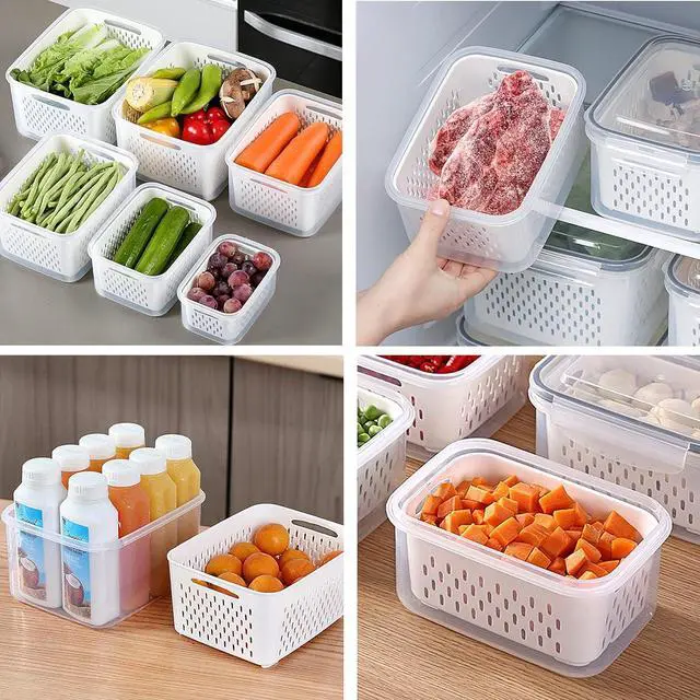 Alt view image 6 of 6 - 3Pack Fridge Food Storage Container Set with Lids with Strainer,Plastic Fresh Produce Saver Vegetable Fruit Meat Storage Organization, BPA-Free Plastic Produce Keepers(3.15L+1.7L+0.8L)