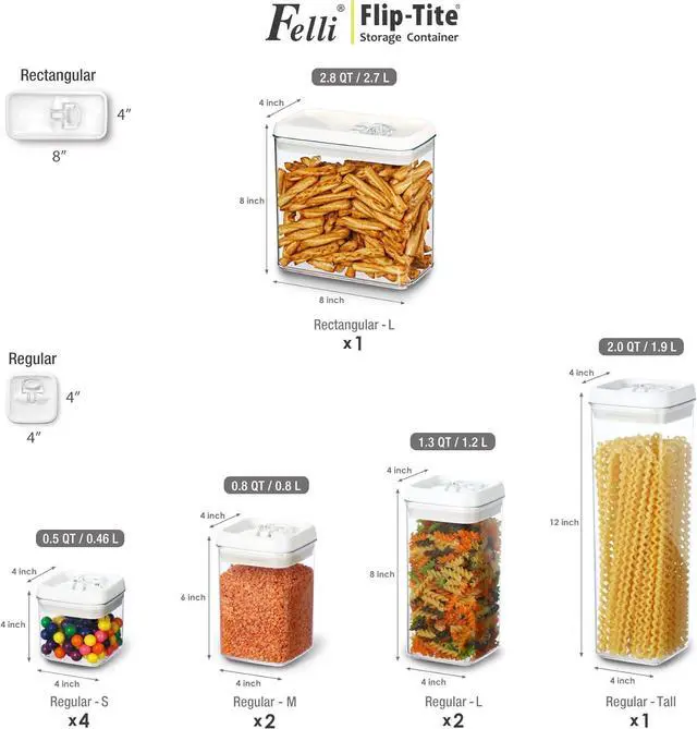 Alt view image 3 of 7 - Felli Flip Tite Storage Container with 4 Inch Lid SQUARE & RECTANGLE, Air Tight Ring Seal Top Clear Acrylic Canister Jar, Spice Pasta Cereal Snack Pantry Organizer, Gift Set for Women (10pk, Variety)