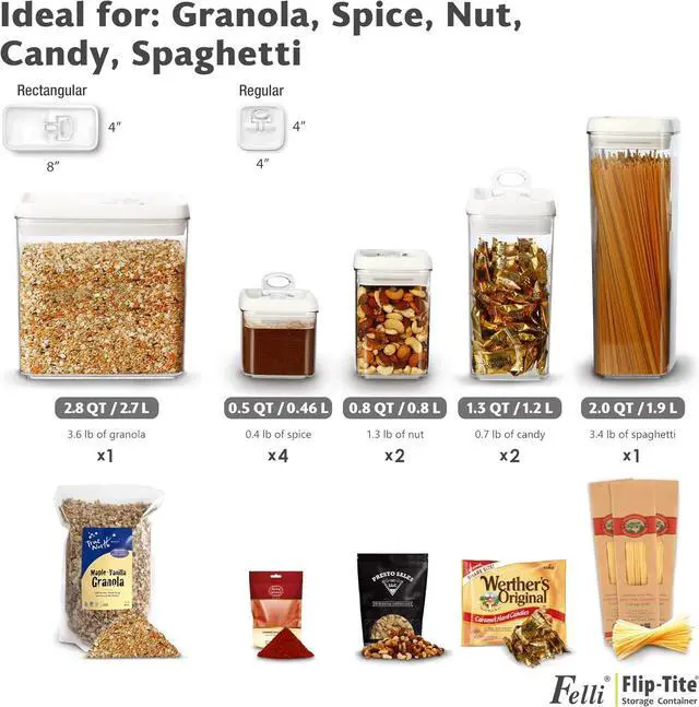 Alt view image 7 of 7 - Felli Flip Tite Storage Container with 4 Inch Lid SQUARE & RECTANGLE, Air Tight Ring Seal Top Clear Acrylic Canister Jar, Spice Pasta Cereal Snack Pantry Organizer, Gift Set for Women (10pk, Variety)