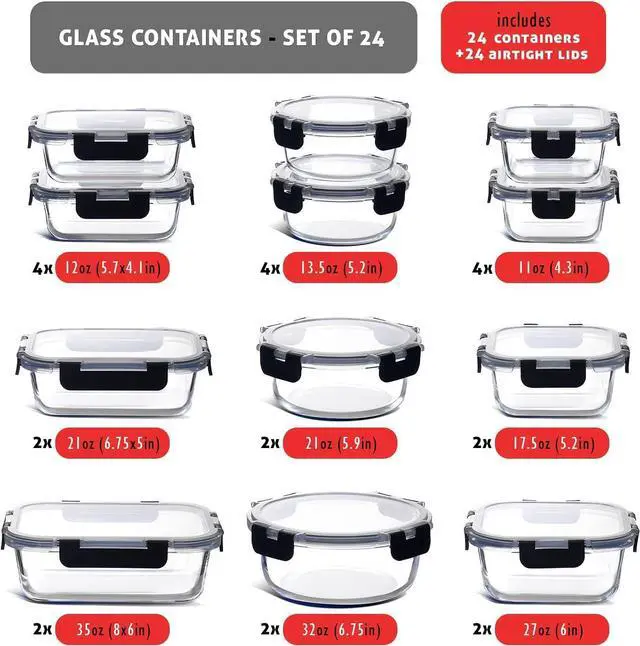 Alt view image 3 of 5 - Nestl 48pc (24 Airtight, Freezer Safe Food Storage Containers and 24 Lids), Pantry Kitchen Storage Containers, Glass Meal Prep Container for Lunch, Glass Storage Containers with Lids Black