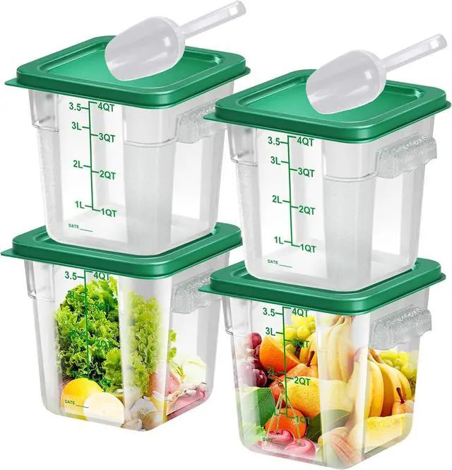 Main image of 4 pcs 4qt Food Storage Containers with Lid, Square Clear Commercial Food Storage Containers with Handle and Scale for Food Storage in Home Kitchen & Dining (Green)