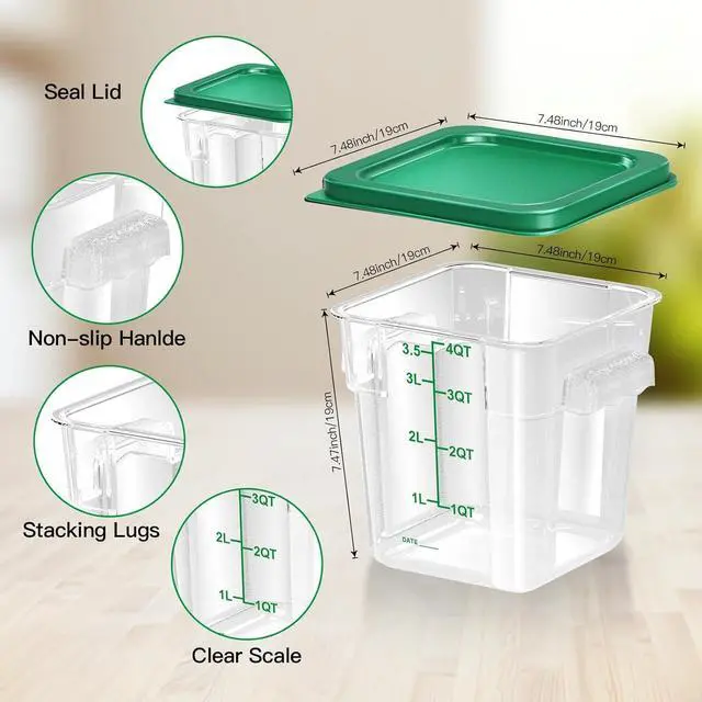 Alt view image 3 of 6 - 4 pcs 4qt Food Storage Containers with Lid, Square Clear Commercial Food Storage Containers with Handle and Scale for Food Storage in Home Kitchen & Dining (Green)