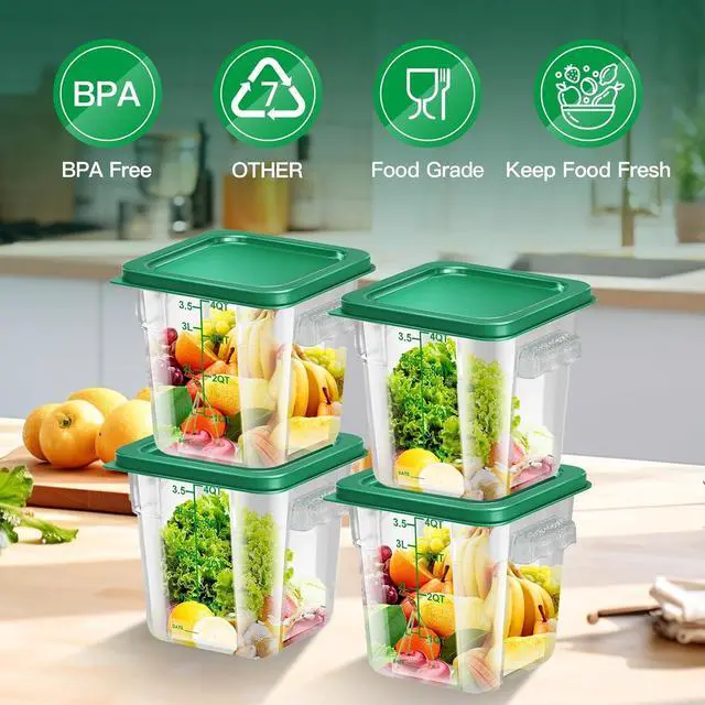 Alt view image 2 of 6 - 4 pcs 4qt Food Storage Containers with Lid, Square Clear Commercial Food Storage Containers with Handle and Scale for Food Storage in Home Kitchen & Dining (Green)