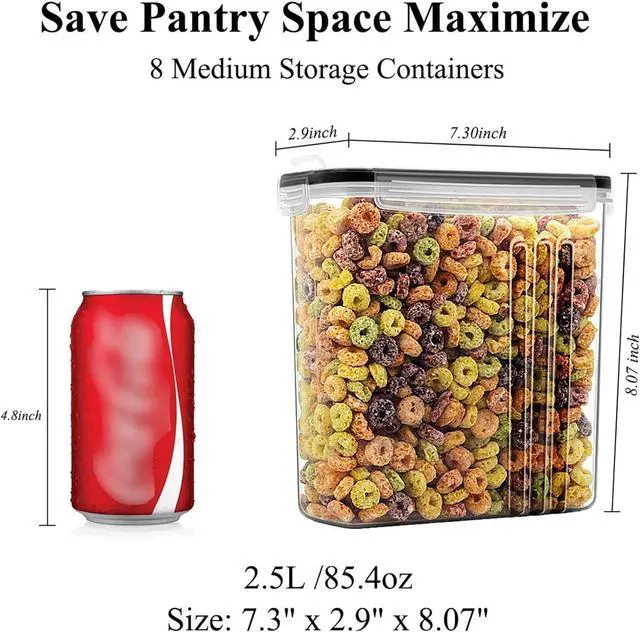 Alt view image 3 of 7 - Wildone Cereal & Dry Food Storage Containers, Airtight Cereal Storage Containers Set of 8 [2.5L / 85.4oz] for Sugar, Flour, Snack, Baking Supplies, Leak-proof with Black Locking Lids