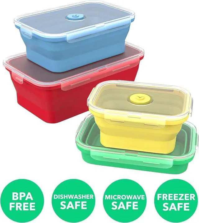 Alt view image 4 of 7 - Vremi Silicone Food Storage Containers with BPA Free Airtight Plastic Lids - Set of 4 Small and Large Collapsible Meal Prep Container for Kitchen Lunch Boxes - Microwave and Freezer Safe