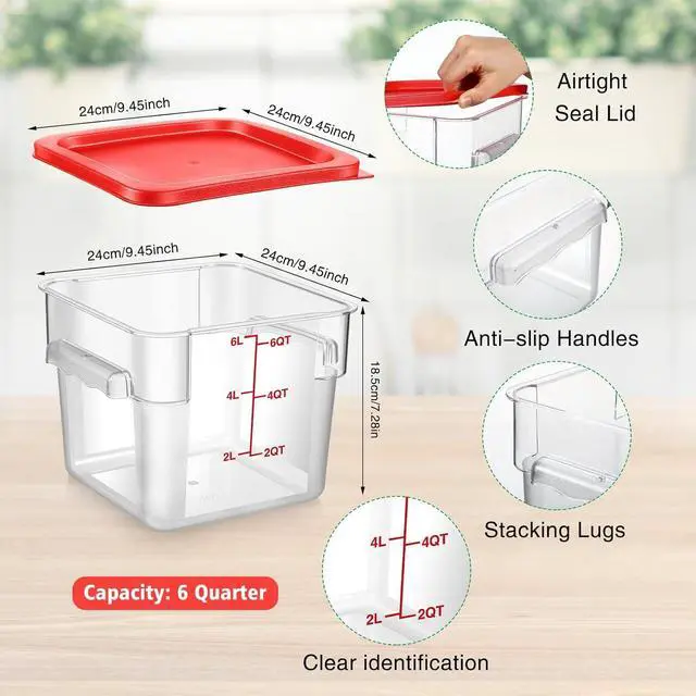 Alt view image 2 of 6 - Suclain 2 Pcs Square Food Storage Container Polycarbonate Clear Food Container with Red Lid Commercial Rice Storage with Red Graduations for Commercial Kitchen(7.28 x 9.45 inches)