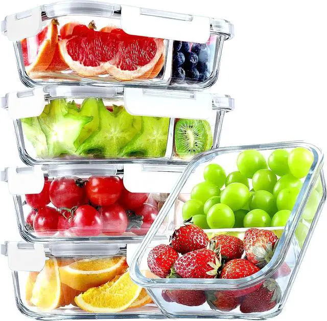 Main image of VERONES 5 Pack Glass Meal Prep Containers 2 Compartment Set, 36OZ Airtight Glass Lunch Containers, Food Storage Containers with Lids, for Microwave, Oven, Freezer & Dishwasher Friendly,White