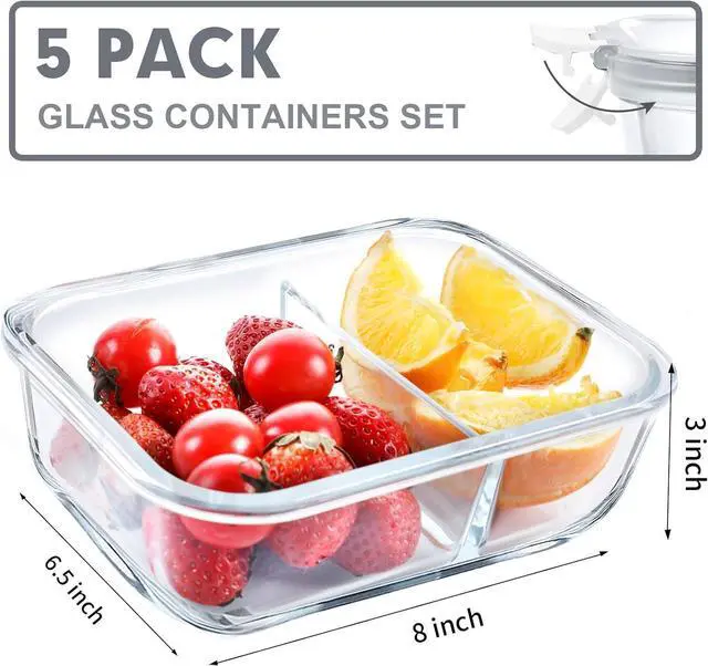 Alt view image 2 of 7 - VERONES 5 Pack Glass Meal Prep Containers 2 Compartment Set, 36OZ Airtight Glass Lunch Containers, Food Storage Containers with Lids, for Microwave, Oven, Freezer & Dishwasher Friendly,White