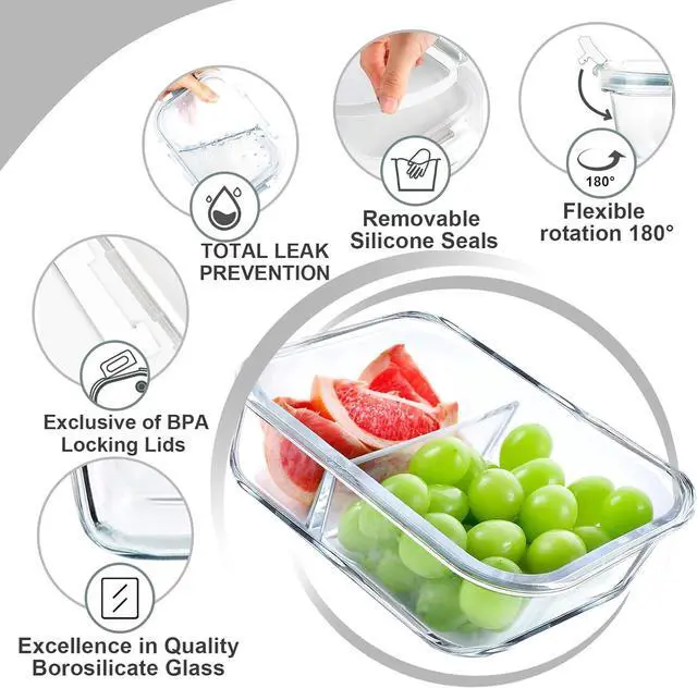Alt view image 3 of 7 - VERONES 5 Pack Glass Meal Prep Containers 2 Compartment Set, 36OZ Airtight Glass Lunch Containers, Food Storage Containers with Lids, for Microwave, Oven, Freezer & Dishwasher Friendly,White