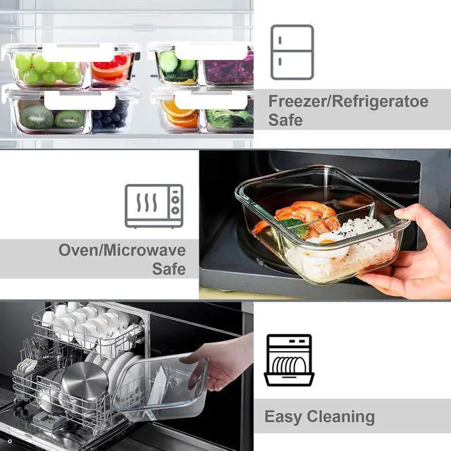 Alt view image 4 of 7 - VERONES 5 Pack Glass Meal Prep Containers 2 Compartment Set, 36OZ Airtight Glass Lunch Containers, Food Storage Containers with Lids, for Microwave, Oven, Freezer & Dishwasher Friendly,White
