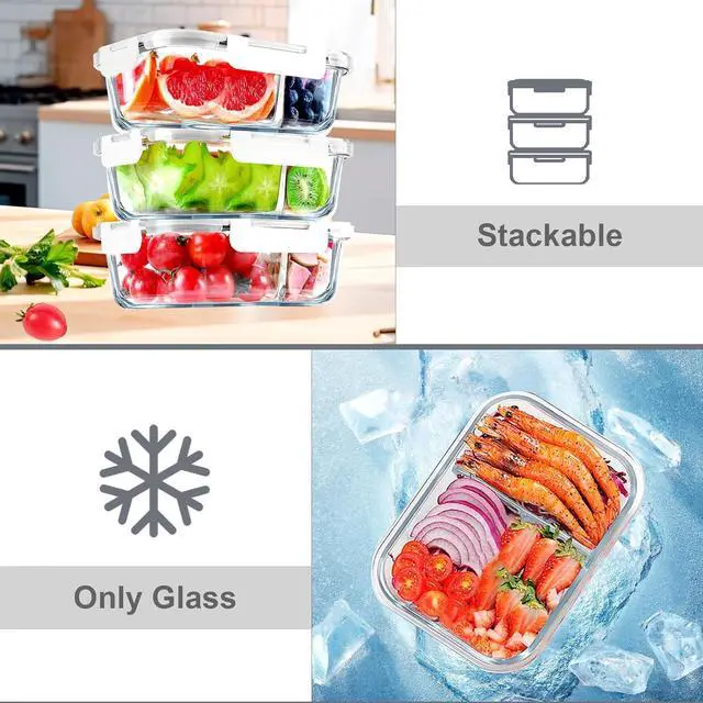 Alt view image 5 of 7 - VERONES 5 Pack Glass Meal Prep Containers 2 Compartment Set, 36OZ Airtight Glass Lunch Containers, Food Storage Containers with Lids, for Microwave, Oven, Freezer & Dishwasher Friendly,White