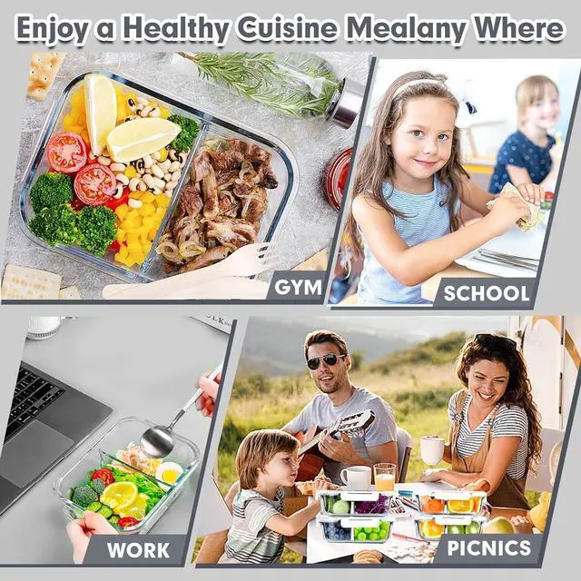 Alt view image 6 of 7 - VERONES 5 Pack Glass Meal Prep Containers 2 Compartment Set, 36OZ Airtight Glass Lunch Containers, Food Storage Containers with Lids, for Microwave, Oven, Freezer & Dishwasher Friendly,White
