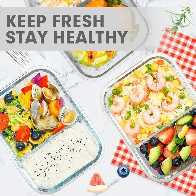 Alt view image 7 of 7 - VERONES 5 Pack Glass Meal Prep Containers 2 Compartment Set, 36OZ Airtight Glass Lunch Containers, Food Storage Containers with Lids, for Microwave, Oven, Freezer & Dishwasher Friendly,White