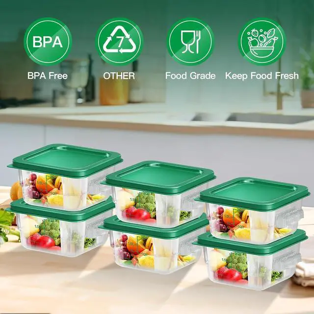 Alt view image 2 of 6 - 6 pcs 2qt Food Storage Containers with Lid, Square Clear Commercial Storage Containers with Handle and Scale for Food Storage in Home Kitchen & Dining (Green)