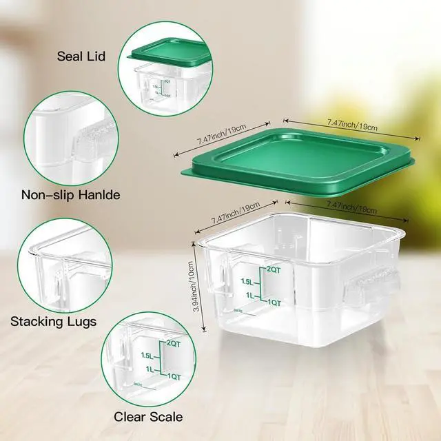 Alt view image 3 of 6 - 6 pcs 2qt Food Storage Containers with Lid, Square Clear Commercial Storage Containers with Handle and Scale for Food Storage in Home Kitchen & Dining (Green)