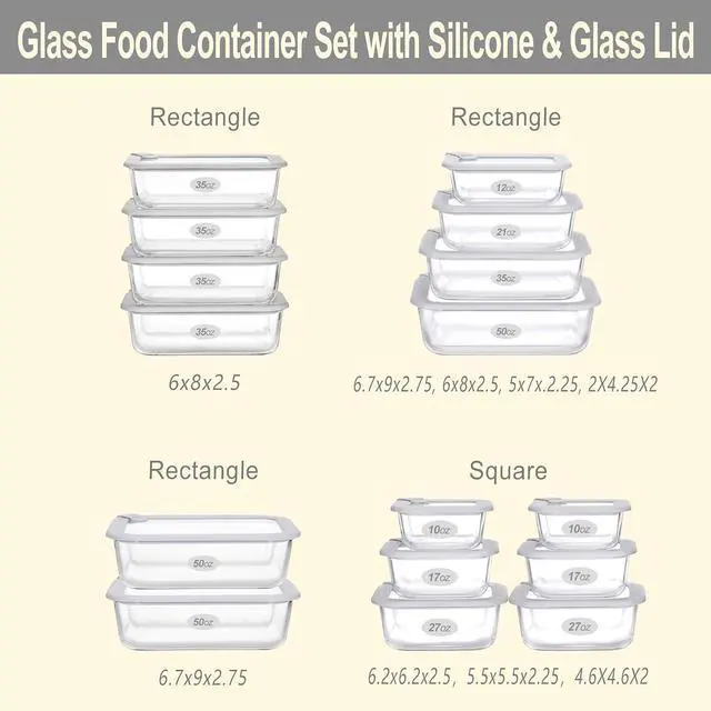 Alt view image 3 of 7 - Glass Food Containers with Glass Lid, Microwave Safe Food Storage Container Set, 4 Pack of 35oz, Large Size Airtight Storage Set with Leak Proof Lids, Meal Prep Containers