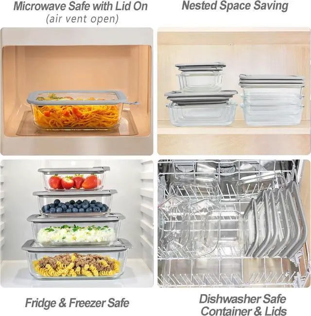 Alt view image 4 of 7 - Glass Food Containers with Glass Lid, Microwave Safe Food Storage Container Set, 4 Pack of 35oz, Large Size Airtight Storage Set with Leak Proof Lids, Meal Prep Containers
