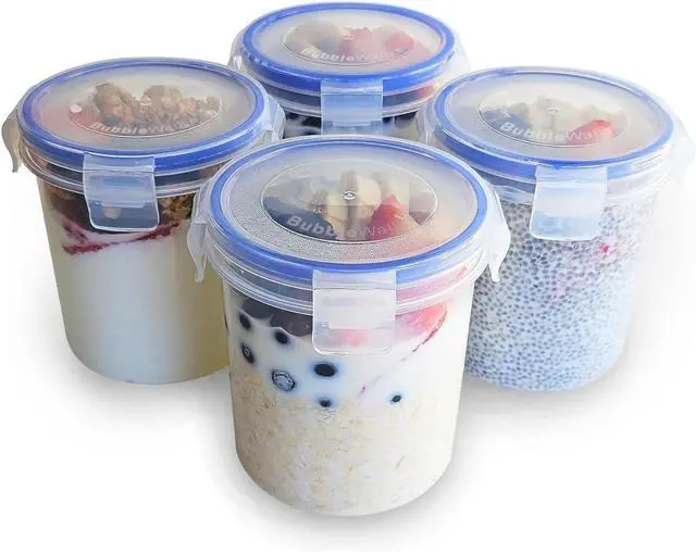Main image of Overnight Oats Container with Lids (4-Piece set) - 16 oz Plastic Containers with Lids - Oatmeal Container to go | Portable Cereal and Milk Container on the go | Airtight Snap Lock Storage Jars