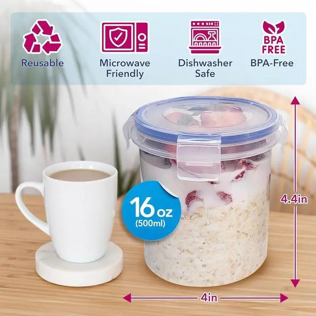 Alt view image 2 of 7 - Overnight Oats Container with Lids (4-Piece set) - 16 oz Plastic Containers with Lids - Oatmeal Container to go | Portable Cereal and Milk Container on the go | Airtight Snap Lock Storage Jars