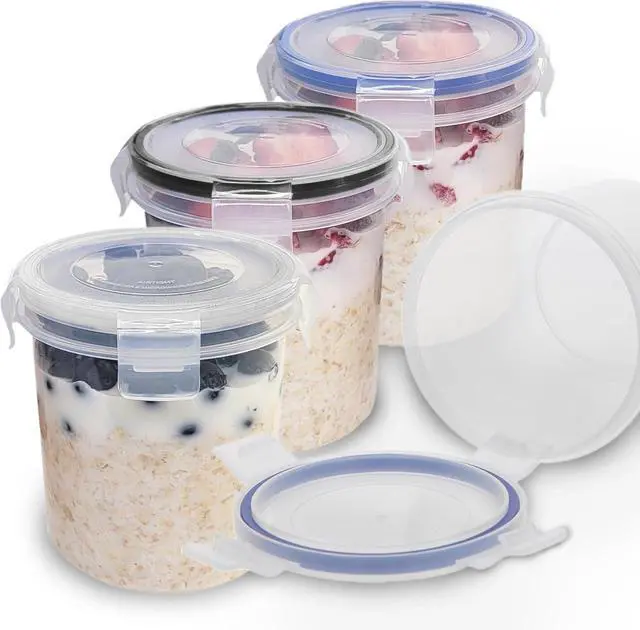 Alt view image 7 of 7 - Overnight Oats Container with Lids (4-Piece set) - 16 oz Plastic Containers with Lids - Oatmeal Container to go | Portable Cereal and Milk Container on the go | Airtight Snap Lock Storage Jars