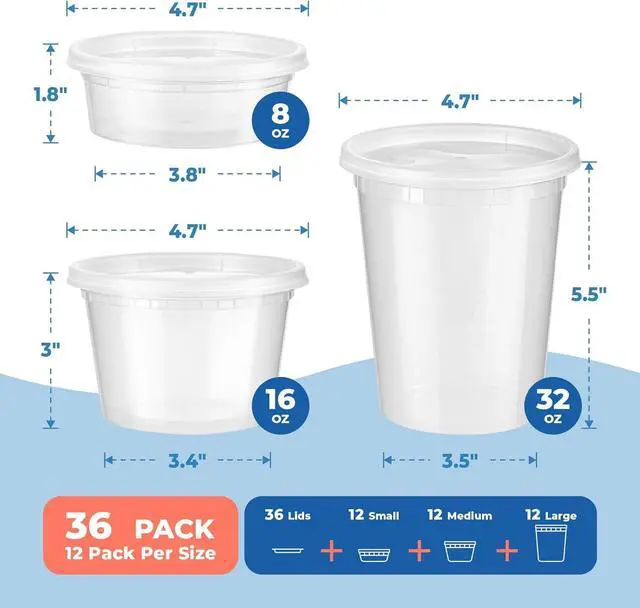 Alt view image 3 of 7 - Fit Meal Prep 36 Pack 8 16 32 oz Deli Containers with Lids Variety Pack, US Made Leakproof Assorted Plastic Soup Container, Combo Clear Food Storage Containers for Restaurant, Microwave Freezer Safe