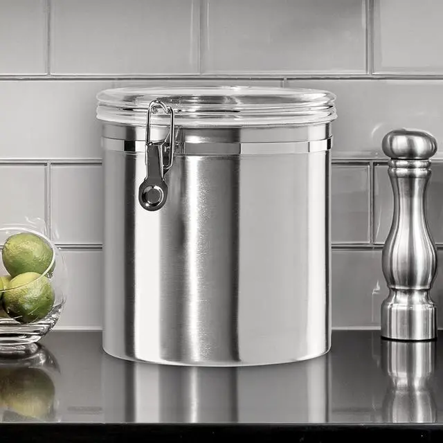 Alt view image 2 of 7 - Oggi Stainless Steel Kitchen Canister 152 fl oz - Airtight Clamp Lid, Clear See-Thru Top - Ideal for Kitchen Storage, Food Storage, Pantry Storage. Jumbo Size 8" x 8".