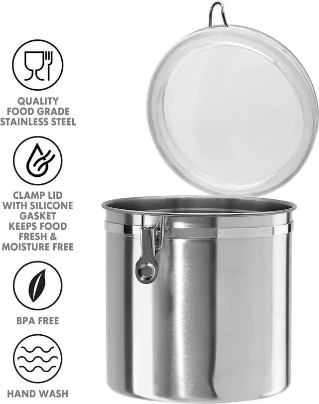 Alt view image 3 of 7 - Oggi Stainless Steel Kitchen Canister 152 fl oz - Airtight Clamp Lid, Clear See-Thru Top - Ideal for Kitchen Storage, Food Storage, Pantry Storage. Jumbo Size 8" x 8".
