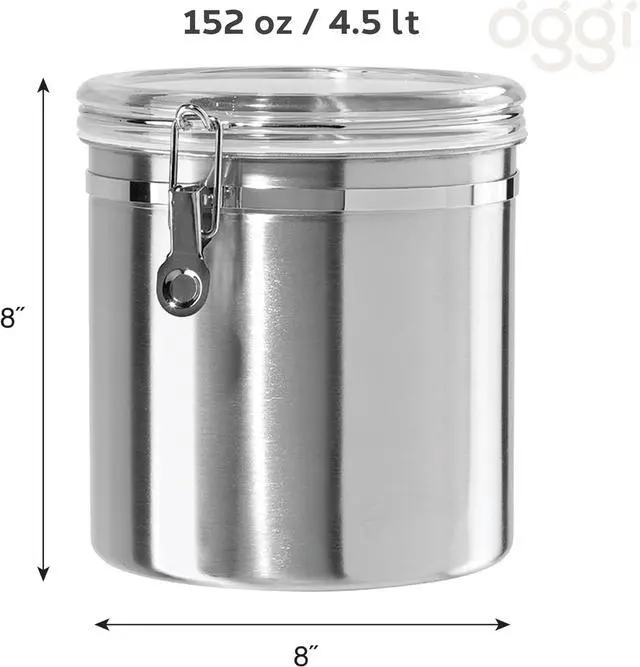 Alt view image 5 of 7 - Oggi Stainless Steel Kitchen Canister 152 fl oz - Airtight Clamp Lid, Clear See-Thru Top - Ideal for Kitchen Storage, Food Storage, Pantry Storage. Jumbo Size 8" x 8".