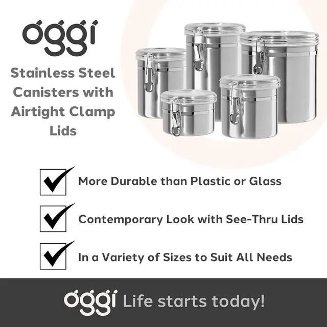 Alt view image 7 of 7 - Oggi Stainless Steel Kitchen Canister 152 fl oz - Airtight Clamp Lid, Clear See-Thru Top - Ideal for Kitchen Storage, Food Storage, Pantry Storage. Jumbo Size 8" x 8".