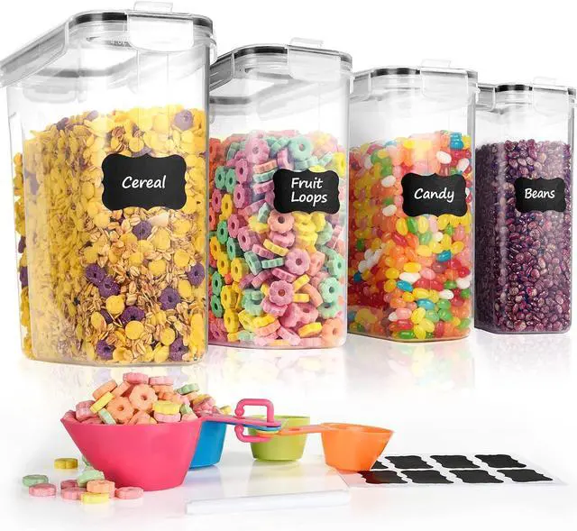 Main image of Tiawudi 4 Pk Cereal Containers Storage Set 135.2oz/4L Each, Airtight Food Storage Containers, Large Cereal Dispenser, Kitchen Pantry Organization Containers, with Labels and Measuring Spoons