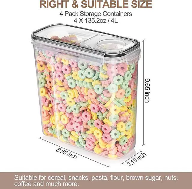 Alt view image 2 of 7 - Tiawudi 4 Pk Cereal Containers Storage Set 135.2oz/4L Each, Airtight Food Storage Containers, Large Cereal Dispenser, Kitchen Pantry Organization Containers, with Labels and Measuring Spoons