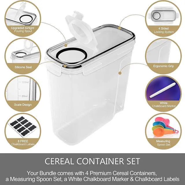Alt view image 3 of 7 - Tiawudi 4 Pk Cereal Containers Storage Set 135.2oz/4L Each, Airtight Food Storage Containers, Large Cereal Dispenser, Kitchen Pantry Organization Containers, with Labels and Measuring Spoons