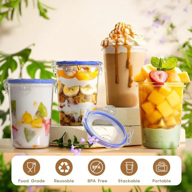 Alt view image 6 of 7 - 4 Pack Overnight Oats Containers with Lids, Oatmeal Container, 16oz Leak Proof Oats Jars, BPA Free, Reusable, Portable Plastic Food Storage Container for Oatmeal, Yogurt, Soup, Cereal, Milk and More
