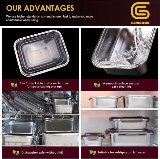 Alt view image 3 of 7 - FENGER FEN GE Stainless Steel Food Storage Containers | Bento Lunch Box, Metal Meal Prep Food container, leak proof&airtight lids for Kitchen,reusable&stackable Set of 3 (21oz/43oz/76oz).