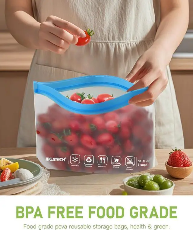 Alt view image 3 of 7 - IDEATECH Food Storage Containers, BPA Free PEVA Reusable Gallon Freeezer Bags, Reusable Quart Size Sandwich Bag, Leakproof Baggies for Travel, Lunch, Healthy Food (8Gallon 6Quart 6Snack, Grey)