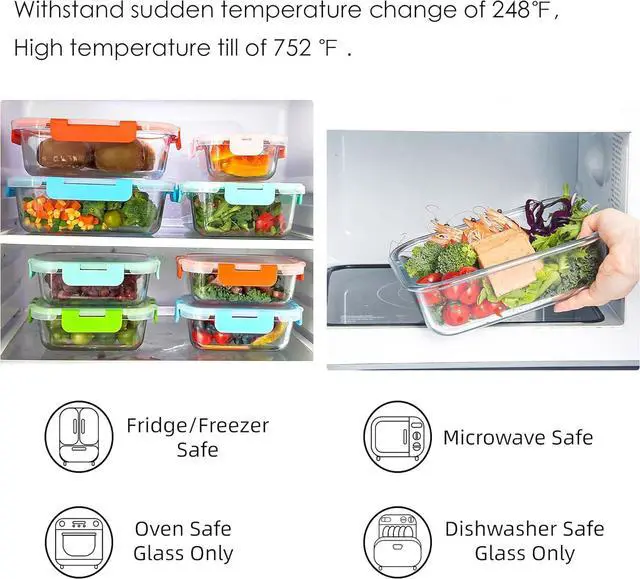 Alt view image 5 of 7 - 10 Pack Glass Food Storage Containers, Glass Meal Prep Containers with Lids Leak Proof, Clear Glass Bento Boxes for Adults, Microwave & Freezer Safe (34oz & 12oz)
