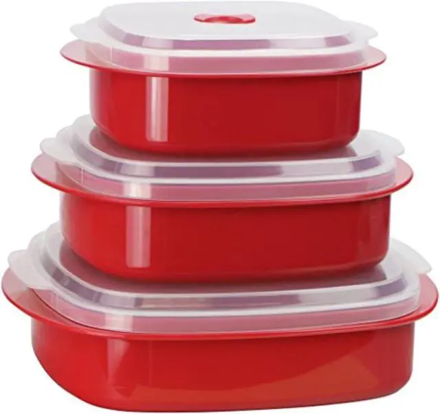 Main image of Reston Lloyd Nesting Microwave Containers, Set of 3, Adjustable Steam Vents, Airtight, Meal Prep, Durable BPA-Free Plastic- Freezer & Dishwasher Safe, Cookware & Food Storage, Anyday Cookware, Red
